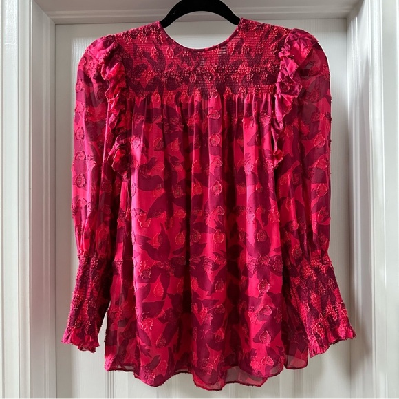 Joie Jamila Red Punk Silk Blouse Top Hibiscus Semi Sheer Size Small - Picture 5 of 14